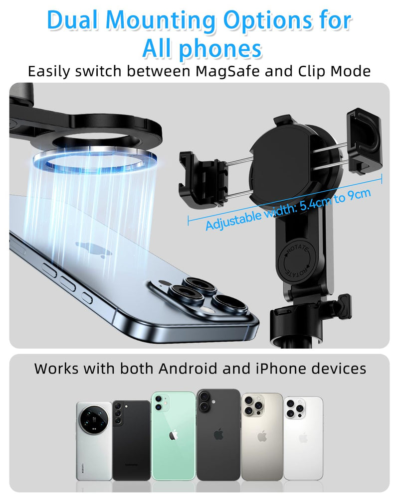 CloudValley Magnetic 4-in-1 Multifunctional Selfie Stick Tripod, Mini Portable Pocket Phone Stand with Detachable Remote, Compatible with MagSafe, for iPhone/Android, Travel Vlog, Live Stream, Black