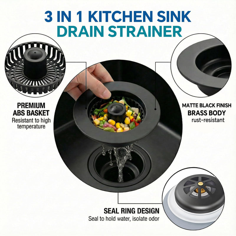Kitchen Sink Stopper, 3 in 1 Pop Up Kitchen Sink Drain Strainer, with an Extra Basket Strainer, Sink Drain Stopper for US Standard 3-1/2 Inch, Brass Material Electroplate (Black 2pcs) Black 2pcs
