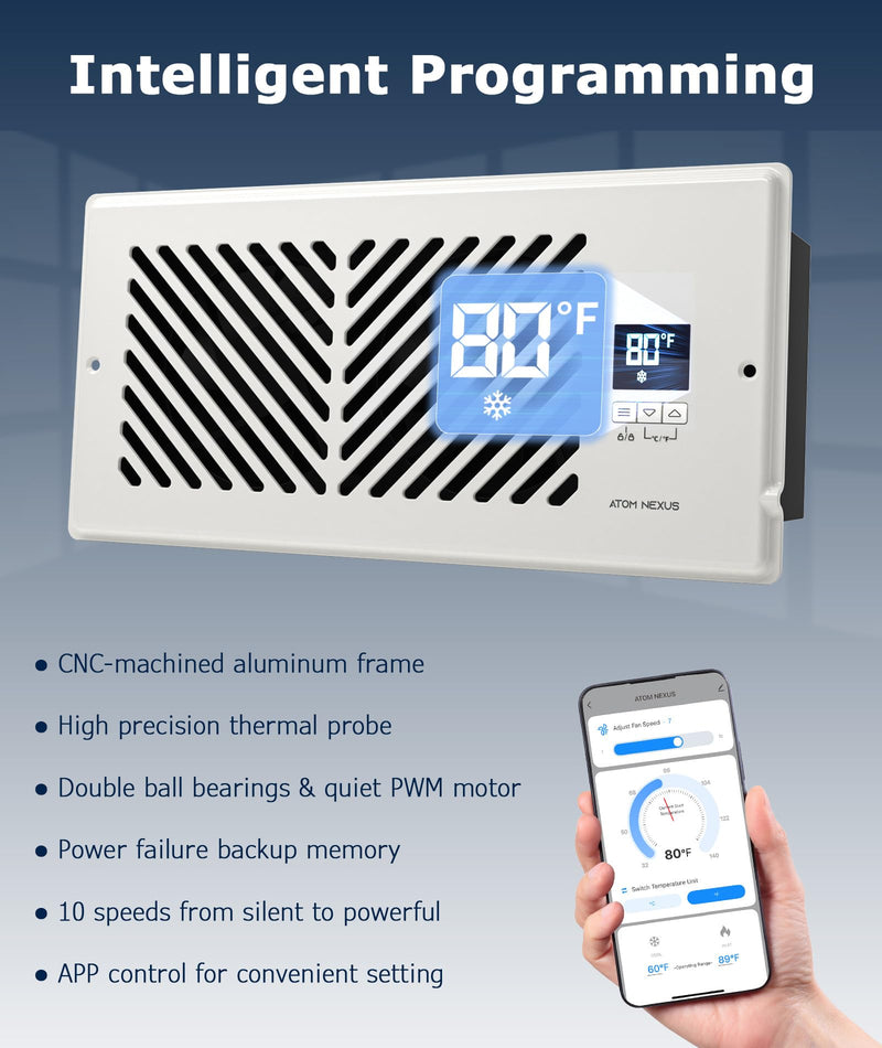Quiet Register Booster Fan, Smart Vent Booster Fan with Thermostat Control & Remote Control, 10-Speed Control Heating Cooling AC Vent (White, 4 x 10 inch - APP) White