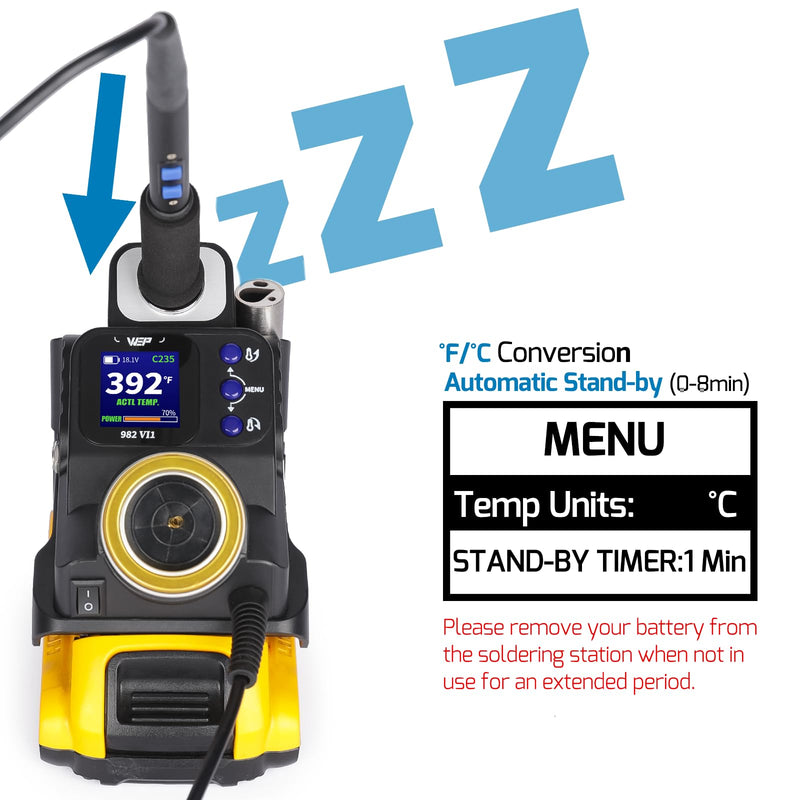 WEP 982-VI 1 Cordless Soldering Station for Dewalt 20V Battery Soldering Iron Kit with Integrated Holder, Tips Cleaner, °C-°F Conversion, Sleep Mode, 5 C235 Compatible Tips, 0.8mm Solder Wire 982-VI 1 for Dewalt