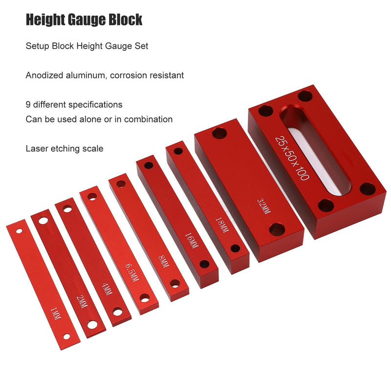 Height Measuring Blocks, 9-Piece 1-32 mm Aluminum | Milling Machine Adjustment Tool ±0.001 Inch Accuracy Anodized with Protective Box