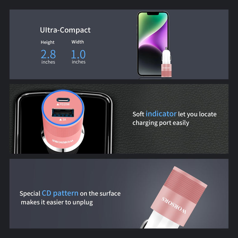 35W USB C Fast Car Charger [Apple MFi Certified] Compatible with iPhone 14 Pro/14 Pro Max/14+/13/12/11/Mini/XS/XR/8, 20W PD3.0 Rapid Charging Adapter + 3Ft Type C to Lightning Cable - Pink Rose Gold