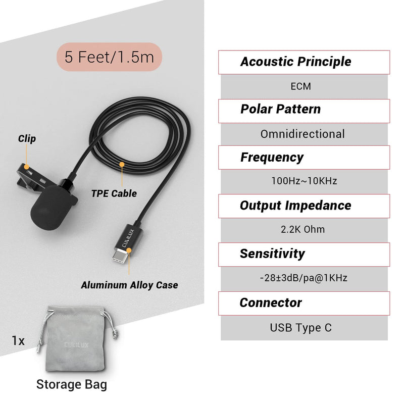 Cubilux USB C Microphone, Type C Lavalier MIC, External Lapel Clip MIC for iPhone 15+/15 Pro Max, iPad 10 iPad Pro iPad Air 5/4, Samsung S24/S23/S22/S21/S20 Z Fold/Flip 5/4/3/2 Tab S9/S8/S7/S6, 5 FT 5 Feet