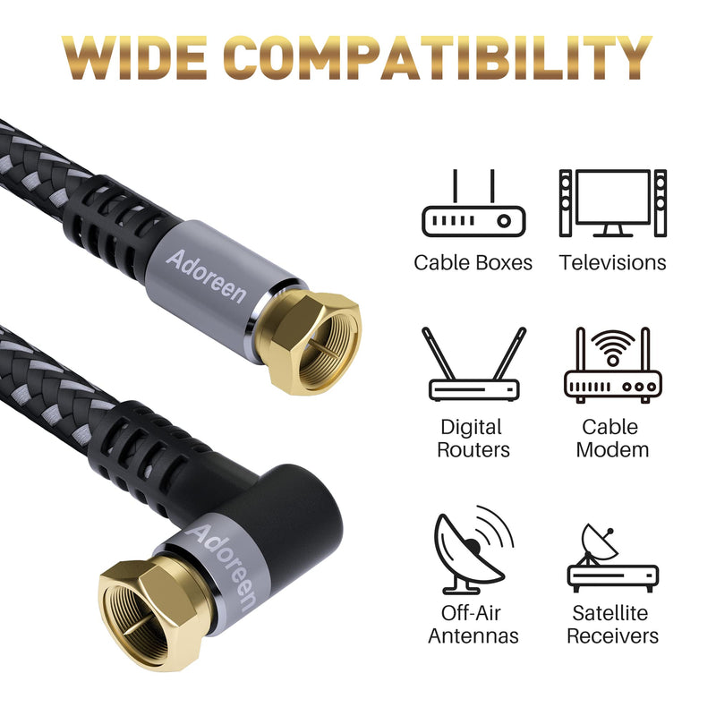 Adoreen Coaxial Cable 10 ft-2 Pack-Right Angle Quad Shielded 90 Degree RG6 Coax Cable Cord, Male F Gold-Plated Nylon-Braided, in-Wall, Digital TV Aerial AV with Angled Male to Female Adapter+15 Ties 10ft-2PK Angled to Straight