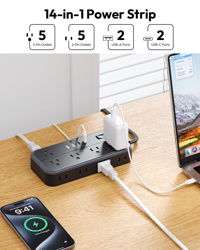 NTONPOWER 25 FT Extension Cord 10 Widely Spaced Outlets, 4 USB Port(2 USB C Port), Ultra Thin Flat Plug Extension Cords 25 Feet, Long Extension Cord for Home Office Garage, Black 10 AC
