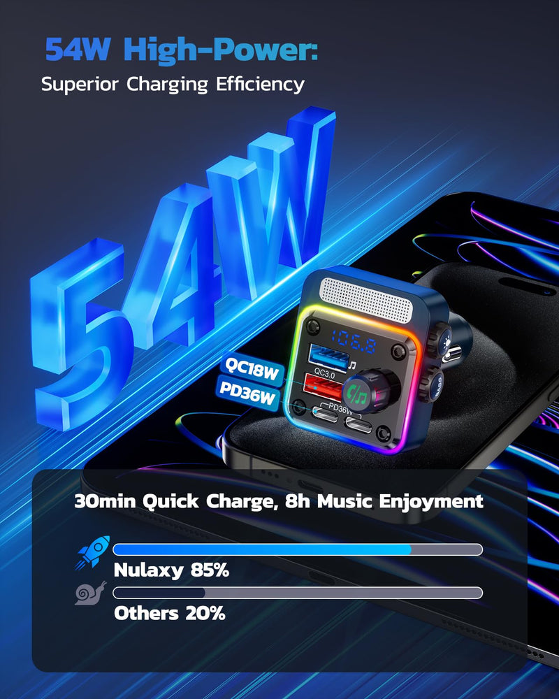 Nulaxy 54W Bluetooth 5.3 Car Adapter with 4 Charging Ports [PD 36W & QC3.0 18W], Wireless Radio FM Transmitter with Deep Bass Player & 5 Colors LED Backlit, Hands-Free Calling - NX16 Blue D-Blue