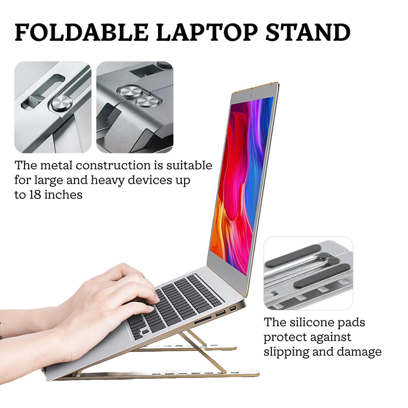 FlexElevate 7-Level Adjustable Laptop Stand, Silver Color, Carbon Steel Ergonomic Riser for Desk, Compatible with 9''-17.3'' Laptops, Portable & Sturdy Holder