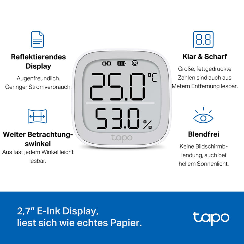 TP-Link Tapo T315 Smart Home Temperature and Humidity Meter, Digital Thermo-Hygrometer Indoor Room Thermometer with 2.7 Inch E-Ink Display, High Precision Sensor, Hub Required White