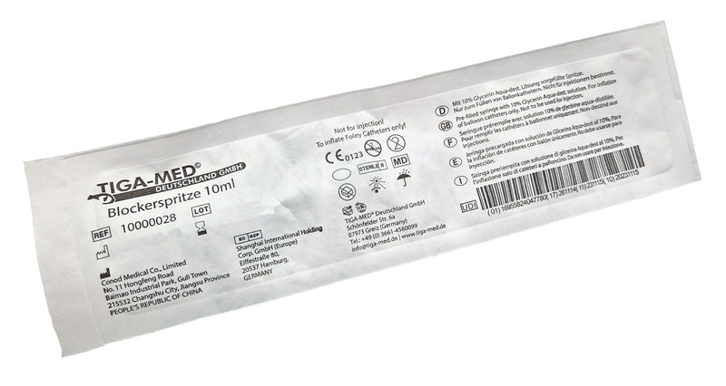TIGA-MED Blocker Syringe 10ml - Sterile Individually Packed | Water Glycerine Blend Against Balloon Diffusion | For Balloon Catheters & Urinary Bladder Catheters | Pack of 5