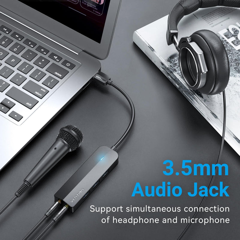 VENTION USB 3.0 Hub, 3 USB A Ports, USB to 3.5mm Jack Audio Adapter, USB External Sound Adapter for Windows Mac Linux PC Laptop Destops PS5 Switch 2 Double Jack-3 Usb Port