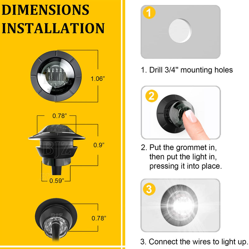 10Pcs 3/4'' Round LED Marker Lights White 12V Trailer Side Clearance Marker Front Rear Running Signal Tail Bullet Light Waterproof w/Smoked Lens for Trailer Truck ATV UTV RV Car Van Pickup Smoked Lens