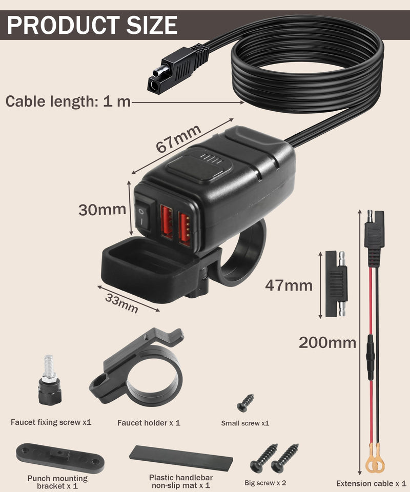 Motorcycle Phone Charger,Motorcycle USB Charger,Car Accessories Motorcycle USB Port with Voltmeter & ON/Off Switch,Motorcycle USB Charger Waterproof,SAE to USB Adapter for Phone,Tablet,GPS