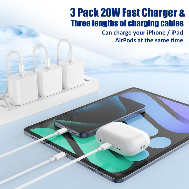 iPhone 15 Charger Fast Charging 3-Pack, 20W Type C Charger[3+6+10FT] USB C Wall Charger Cables for iPhone 15/15 Plus/15 Pro Max, iPad Pro/Air/AirPods/Samsung