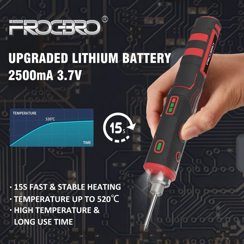 FrogBro Portable Battery Soldering Iron Improved 11Watt LD006A-Pro 2500mAh Max 520°C, High Capacity and Fast Heating, Professional Safe Wireless Soldering Kit, Suitable for Beginners and Professionals Improved Ld006a-pro