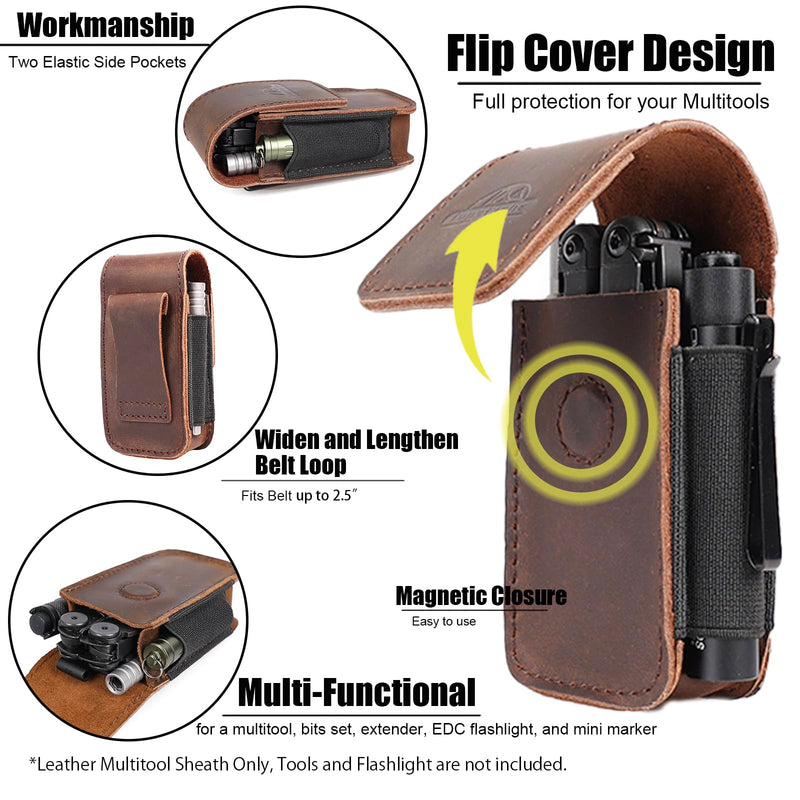 Topstache Leather Multitool Sheath for Belt - EDC Belt Organizer for Leatherman, Gerber - Magnetic Closure Multitool Holster Pouch Fits Folding Tool - Leather Multi Tool Case, M, Darkbrown Medium
