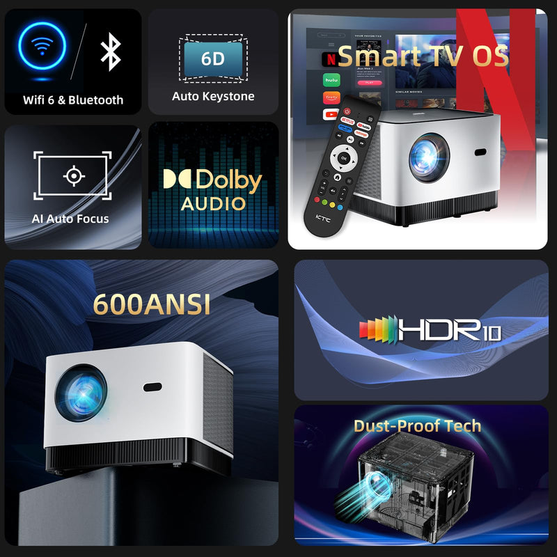 [Netflix Licensed &Dolby Audio]KTC Smart Projector 4K Supported TRUE 600ANSI Native 1080P with WiFi and Bluetooth & Dual Strong Speakers,Seamless Autofocus & Keystone Home Theater Proyector 2025