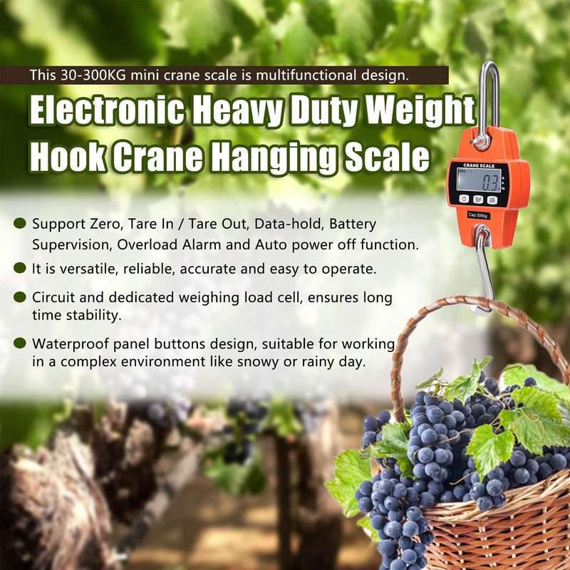 Hanging Scale 300KG 660lbs, Digital Hanging Scale Electronic Crane Scale with Accurate Reloading Spring Sensor & LCD Display, Mini Portable Scale with Hook for Farm, Factory, Hunting