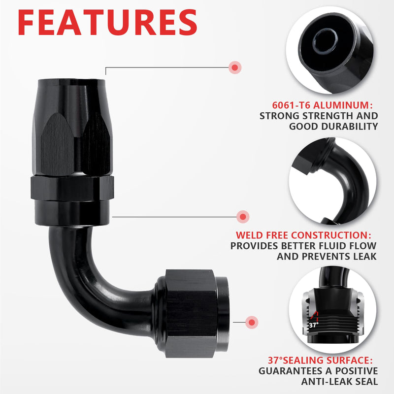 6AN 90 Degree Fitting, AN6 Swivel Hose End Fitting 90 Degree For Braided CPE Fuel Hose With 6AN Hose Separator Clamp & 6AN Flare to AN6 ORB Male Adapter, Leak-Proof Aluminum