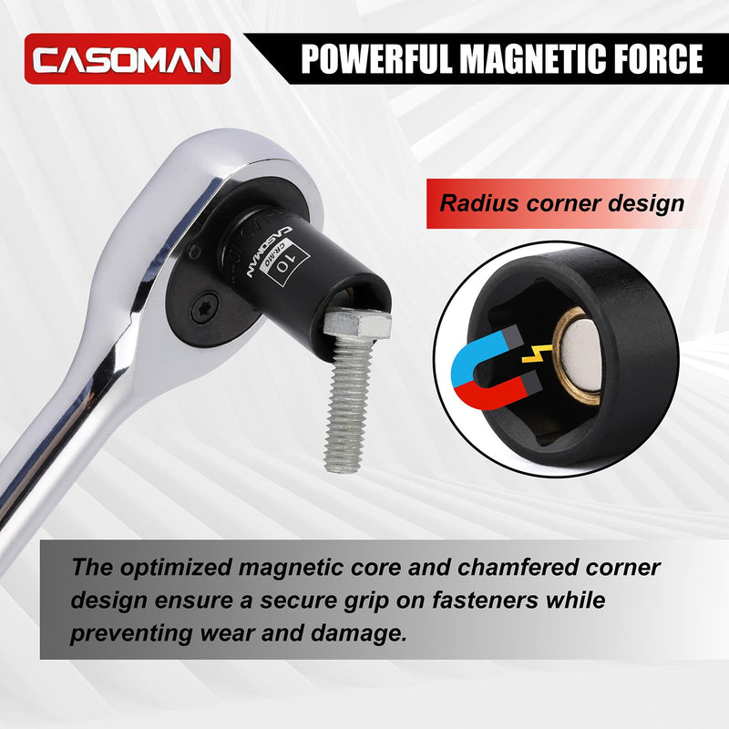 CASOMAN 30PCS 1/4” Drive Magnetic Shallow Impact Socket Set, 6 Point, CR-MO, SAE & Metric, Include Extension Bars, Socket & Hex shank Adapters, Universal Joint