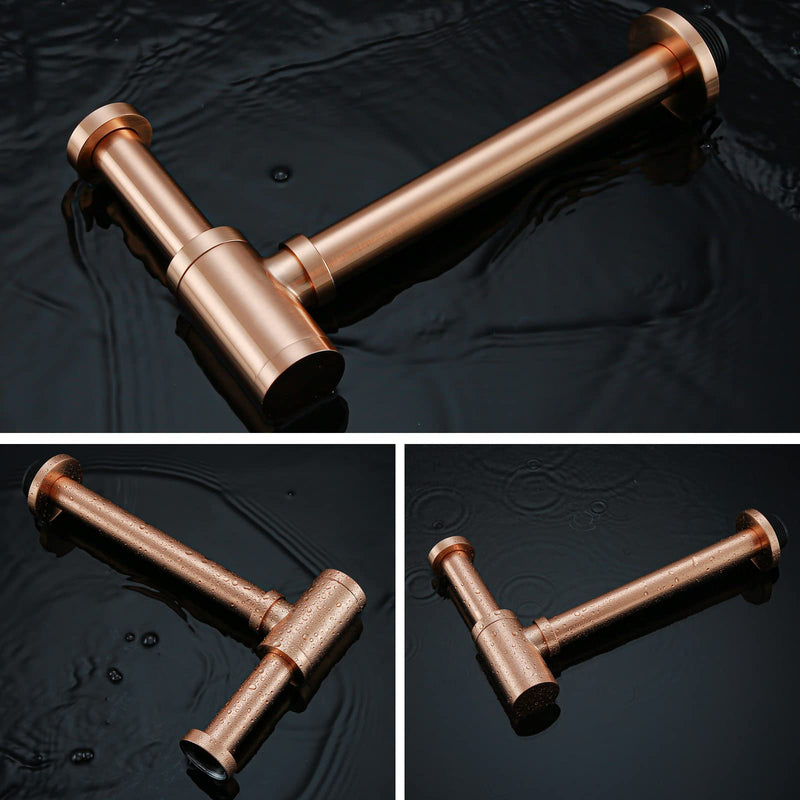 RANDOM Brass Contemporary Round Bottle P Trap 1 1/4 Basin Sink Waste Drain P Trap Kit, Copper Satin, Also Red Antique Copper（Brushed Rose Gold） Brushed Rose Gold