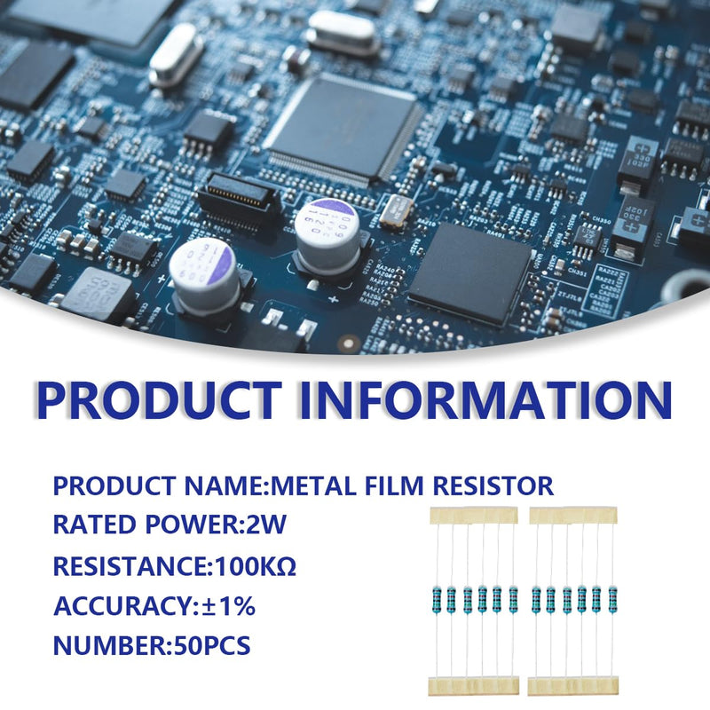 Innfeeltech 50 Pcs 2W 1% Tolerance 100K Ohm Metal Film Resistor Resistance for DIY Project and Experiments 2W 100KΩ