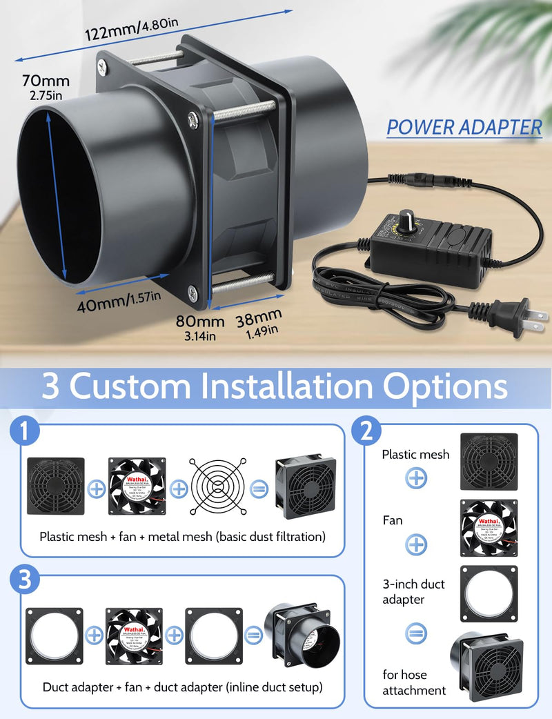 Wathai 80mm Small 12V DC Axial Exhaust Fan with AC Adapter, 3 Inch Duct Fan for Fume Extractor, Soldering Smoke, 3D Printer Enclosure, Laser Engraver Dual Ball High Airflow 80x38mm 2 duct