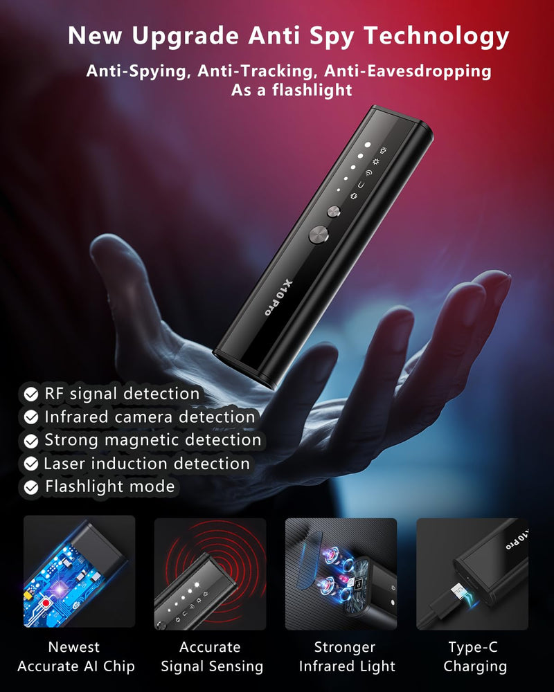 Hidden Camera Detectors with Screen Display, Anti Spy Camera Finder, Bug Detector, GPS Tracker Detector with Flashlight, Hidden Device Detector for Travel, Hotel, Airbnb, Office, Car Small