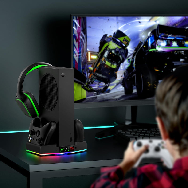 MENEEA Upgraded Cooling Fan Stand for Xbox Series S with Charger Station, Controller Charging Dock & Console Cooler System with 15 Colorful RGB Light & Headset Hook, Accessories for Xbox Series S Black