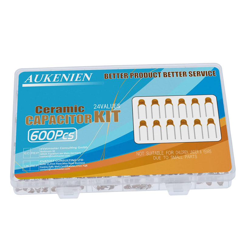 AUKENIEN 24 Value 600 Piece Ceramic Capacitor Set Capacitors Assortment from 10pF to 100nF Ceramic Capacitor Capacitor Kit Ceramic Capacitor 10pF ~ 100nF