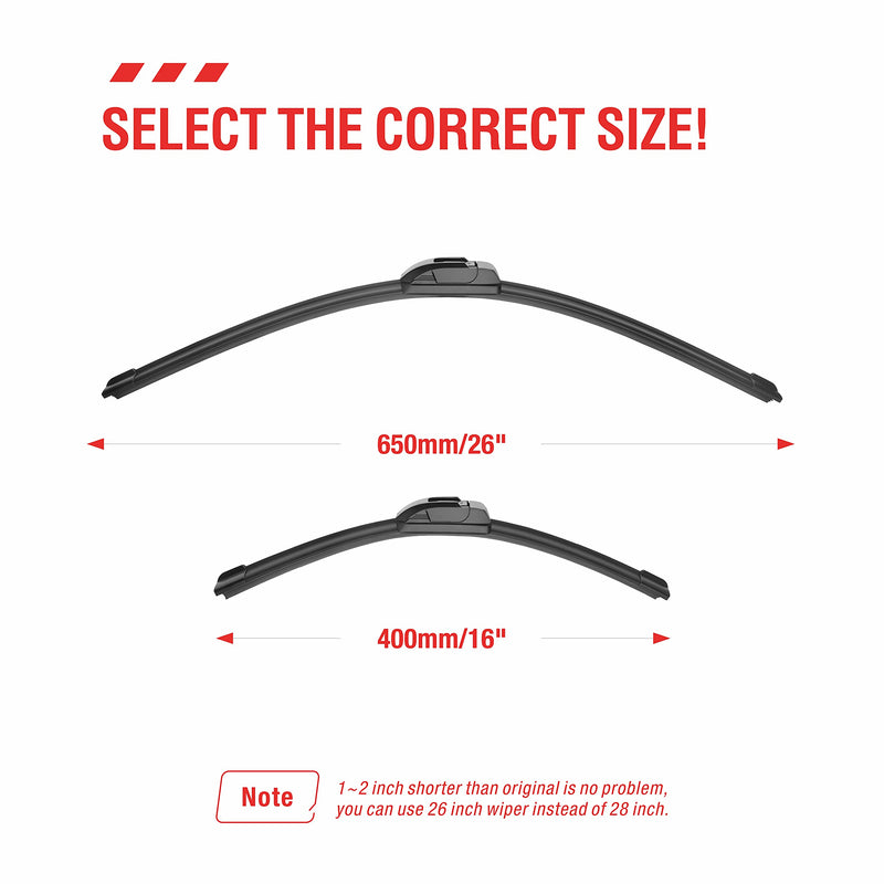 OEM Quality Performance Premium Beam windshield wiper blades 26 and 16,All-Season Auto Replacement Windshield Wiper Blades,Fit Toyota Corolla 19-09 RAV4 20-13,Accord 20-18,CR-V 16-12 Elantra +More 26''+16'' (Pair For Front Windshield) Hook