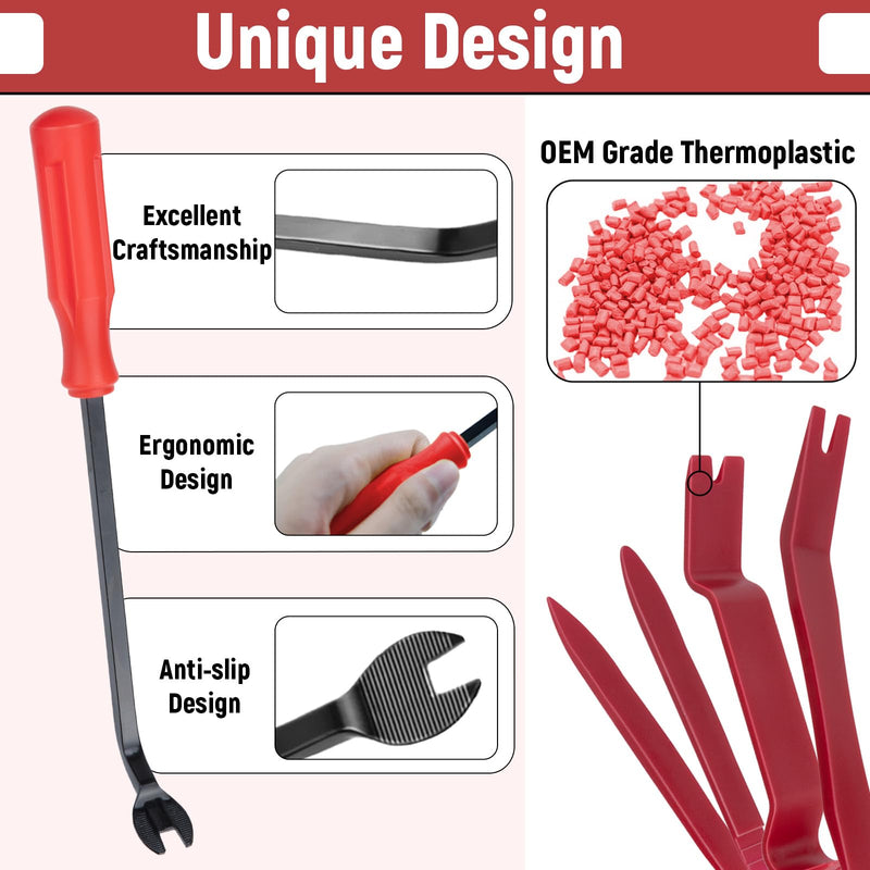 5PCS Auto Trim Removal Tool kit, Car Clip Pry Tools Kit No Scratch Plastic, Car Door Panel Rivet Pliers Tool Kit Car Accessories, Automotive Interior Fastener Puller Remover Body Repair Set for Car Red