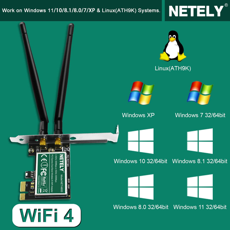 NETELY Wireless N Dual Band 600Mbps 2-Stream PCIE WiFi Adapter for Desktop PCs, PCIE WiFi Card, 2.4GHz 300Mbps and 5GHz 300Mbps, Qualcomm Atheros Wireless Network Adapter(NET-N600)
