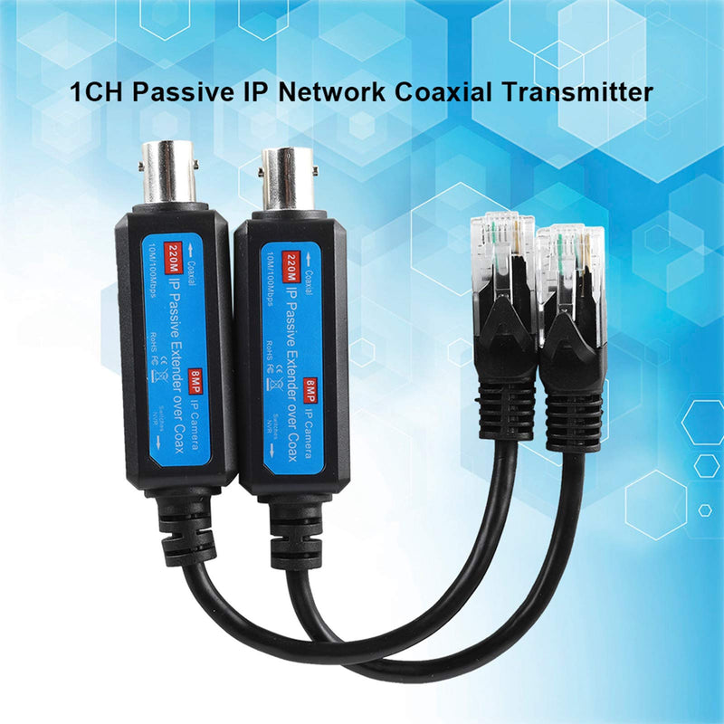 IP Passive Network Coaxial Transmitter, 1 Pair 10/100Mbps 1CH Passive IP Network Coaxial Transceiver Converter Extender for IP NVR Camera System