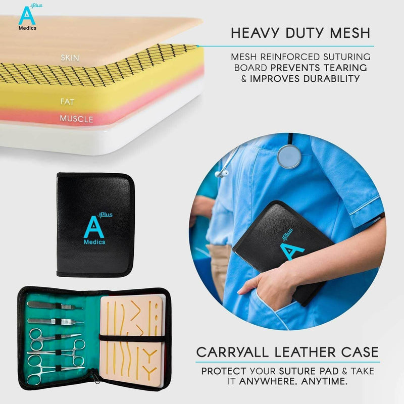 Complete Suture Practice Kit for Medical Students w/How-To Suture HD Video Course, Suture Training Manual & Carryall Case. All-in-One A Plus Medics kit including suture practice pad. (Educational Use Only)