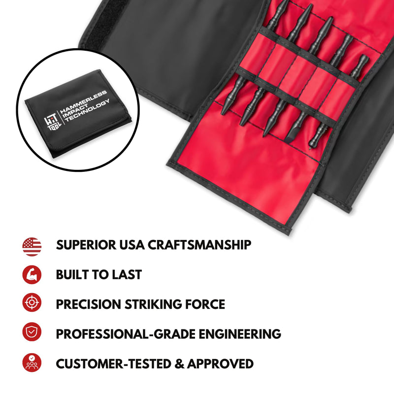 Deluxe Woodworking Kit by HIT Tool – 5-Piece Spring-Loaded Set with Nail Starters, Chisel, Center Punches & Self-Centering Punch – Compact, Hammerless Tools in Carrying Pouch – USA Made, Carbon Steel Deluxe Woodworking Kit