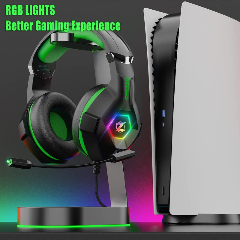 Gaming Headset for PC, PS4, PS5, Xbox Headset, Gaming Headphones with Noise Cancelling Flexible Mic RGB Light Memory Earmuffs for Xbox one, Switch, Mac -Green Green Large Wired