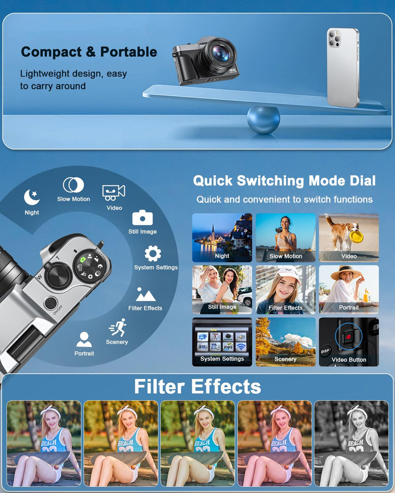 4K Digital Camera for Photography, WiFi 64MP Autofocus Vlogging Camera for YouTube, 3" 180° Flip Screen, 16X Zoom Antishake Compact Point and Shoot Travel Cameras with 32GB SD Card, 2 Batteries, Black