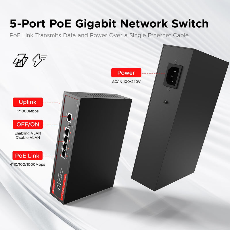 5 Ports PoE Gigabit Switch, 4-Port PoE Switches with 1 Uplink 1000Mbps Port, IEEE 802.3af, Plug and Play, VLAN Mode Unmanaged Ethernet Splitter Network in Metal Case, Wall Mount,Red / Black 5 Ports丨4 PoE+1 Uplink