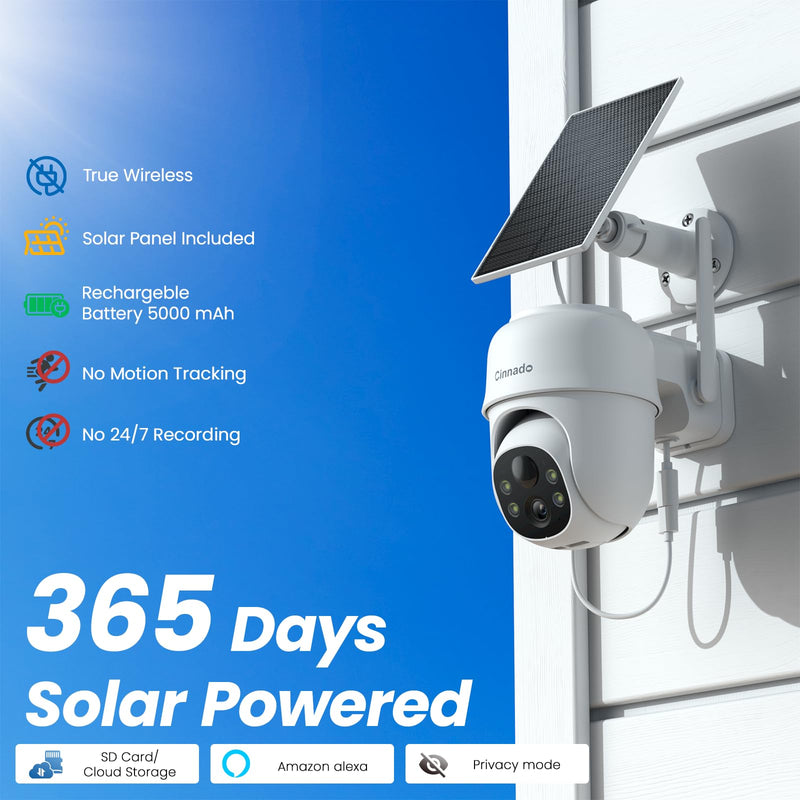 Cinnado Security Cameras Wireless Outdoor-2K Cameras for Home Security Outside Solar/Battery Powered 2.4G WiFi, 360° Color Night Vision,2 Way Audio, PIR Human Detection,Compatible with Alexa