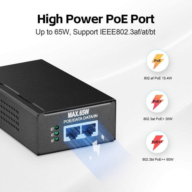 YuLinca 10G PoE Injector, 65W 802.3af/at/bt Power Over Ethernet Metal PoE Adapter, 10G/5G/1G Rate Auto-Adaptive, Non-PoE to PoE Adapter, Plug & Play, Distance Up to 100 Meters (328 ft.)