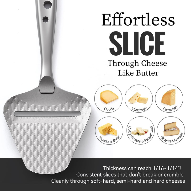 Premium Cheese Slicer for All Types of Cheese – Multi-Functional Stainless Steel Handheld Cheese Cutter – Quilted Pattern to Reduce Resistance, Non-Stick, Ergonomic Grip & Dishwasher Safe