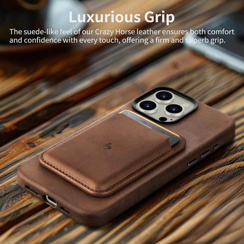 Belemay Strong Magnetic Wallet Compatible with Magsafe, Minimal Card Holder for 1-3 Cards, Premium Crazy Horse Leather, Superb Grip Compatible with iPhone 15/14/13/12 series and MagSafe cases, Brown Classic Brown