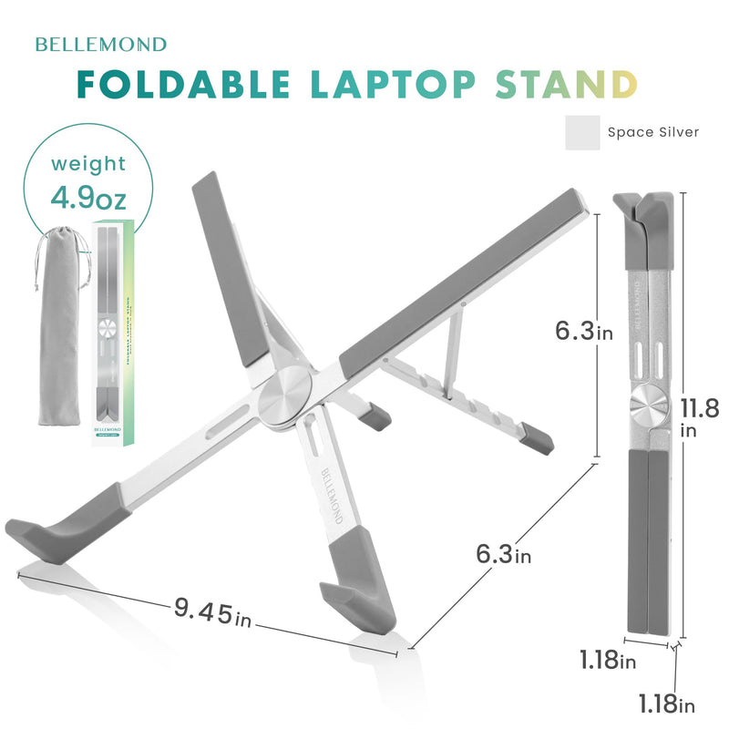BELLEMOND | Adjustable Laptop Stand – Lightweight Aluminum Riser with 5 Height Levels | Foldable, Ventilated X-Frame Design | Designed in Japan | Fits Laptops & Tablets up to 17.3” | Space Silver