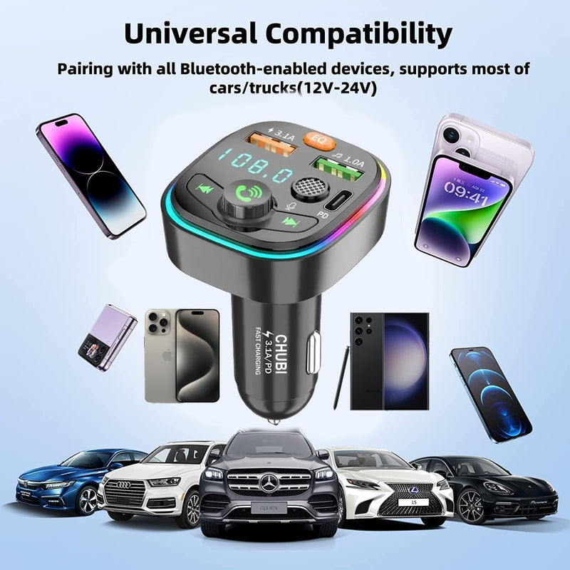 Bluetooth Car Adapter, Fm Transmitter Bluetooth, Wireless Modulator with Led Display Car Kit, Fast Car Charger & USB C Port, MP3 Player Radio Kit for Car Stereo, 12V Cigarette Lighter Adapter