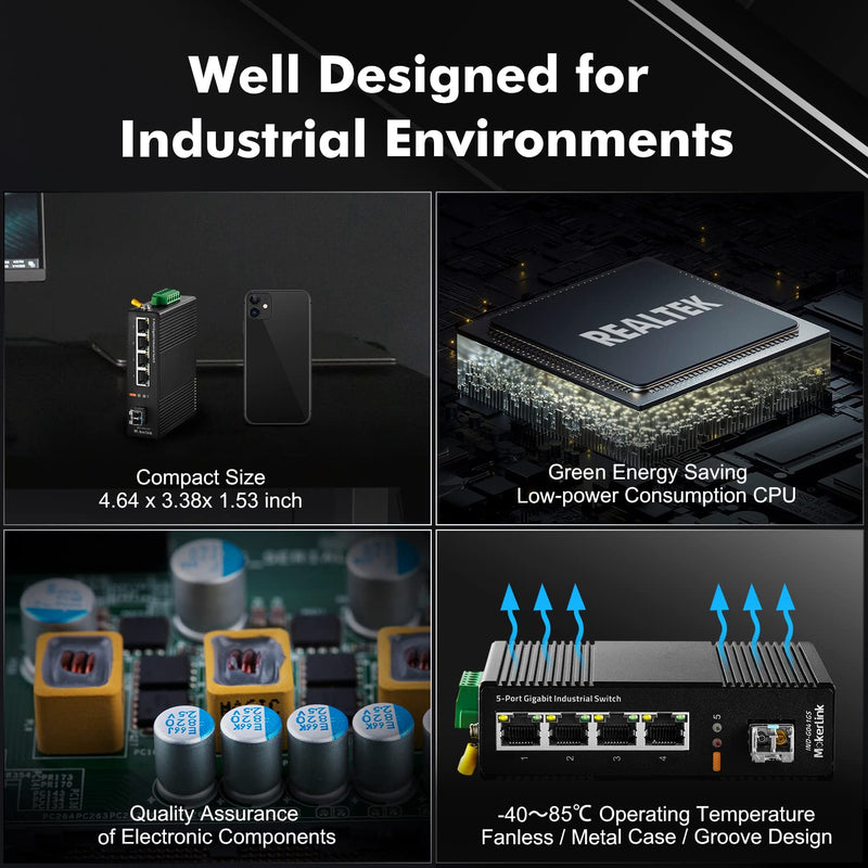 MokerLink 5 Port Industrial DIN-Rail Network Switch, 4 Gigabit Ethernet, 1 SFP, 14Gbps Switching Capacity, IP40 Rated (-40 to 185F), With UL Power Supply 4*1G, 1SFP