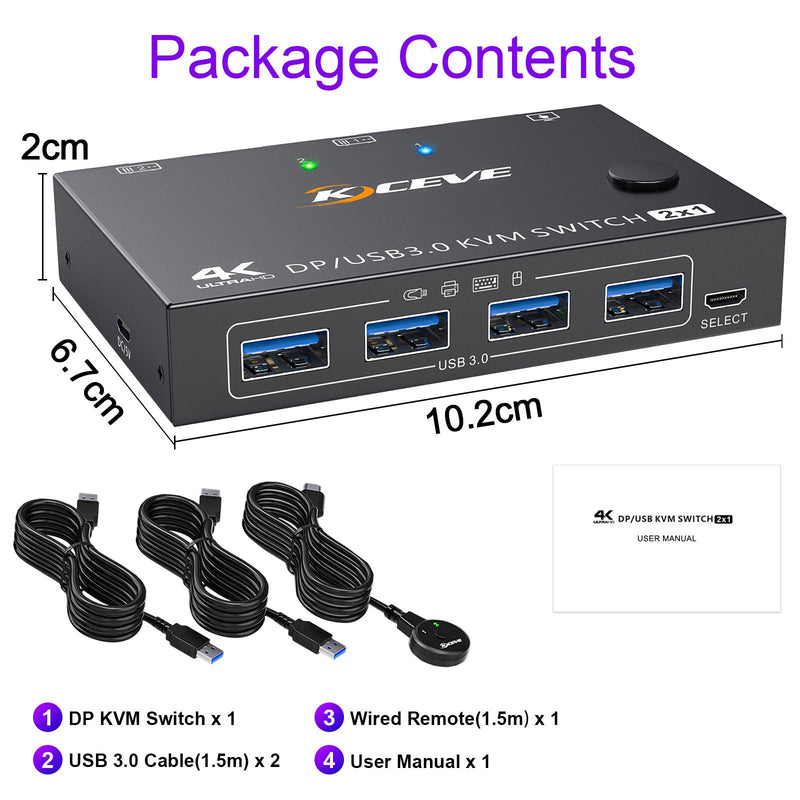 KCEVE KVM Switch 2 Computers 1 Monitor Displayport, USB 3.0 KVM Switch Displayport 4K@144Hz for 2 Computer Share 1 Monitor and 4 USB Devices, with Wired Remote 1 Monitor 2 PC 4 USB