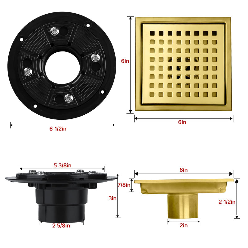 SaniteModar Shower Drain, 6 inch Shower Floor Square Drain with Flange, Removeable Grid Panel SUS 304 Stainless Steel Square Shower Drain, Brushed Gold