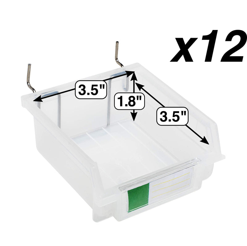 Pegboard Bins - 12 Pack Clear - Hooks to Any Peg Board - Organize Hardware, Accessories, Attachments, Workbench, Garage Storage, Craft Room, Tool Shed, Hobby Supplies, Small Parts 3.5 Inch (Pack of 12)