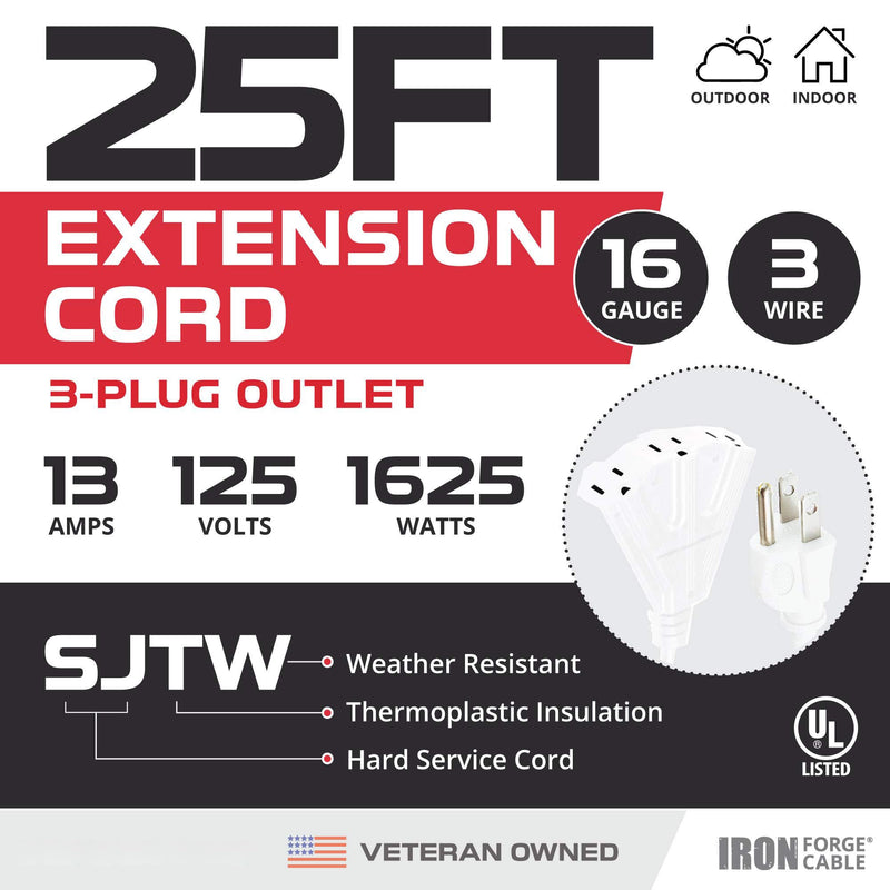 Iron Forge Cable 25ft White Outdoor Extension Cord with 3 Outlets - 16/3 SJTW 25ft Extension Cord 3 Prong, 13 Amp All-Weather Heavy Duty Power Cable 25 Foot
