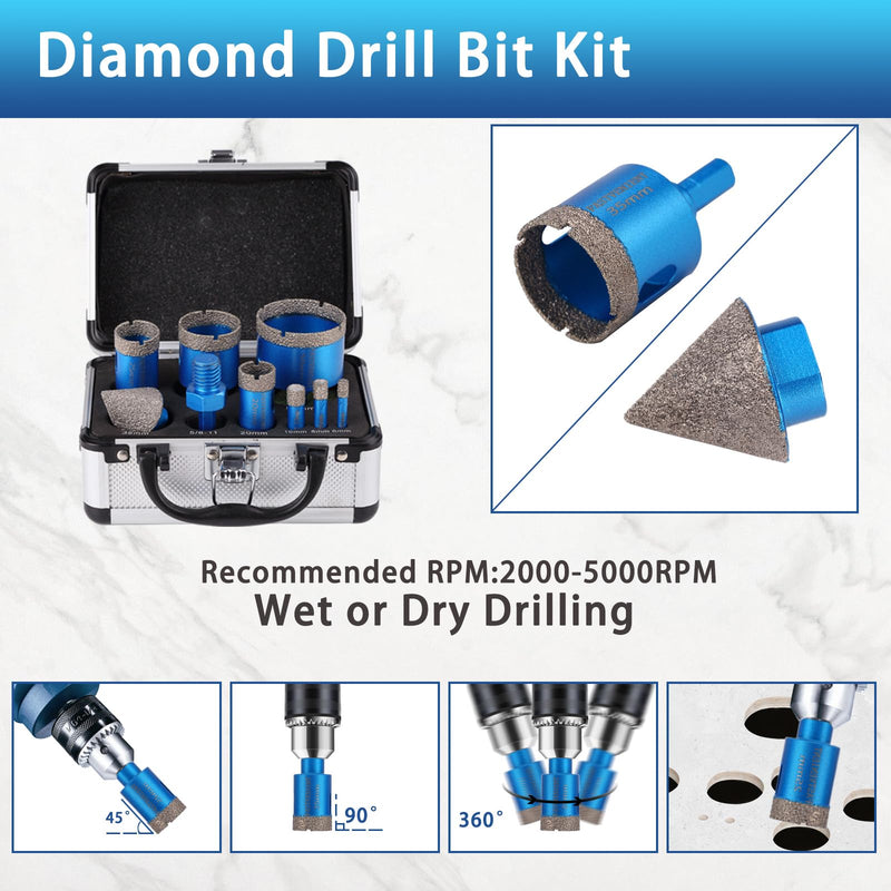 Diamond Drill Bits Set Tile Hole Saw Diamond Hole Saw 9pcs 6/8/10/20/25/35/50mm,35mm5/8-11 Beveling Chamfer Bit,1pc SDS Adapter for Glass Ceramic Porcelain Tiles Marble Brick Granite pots